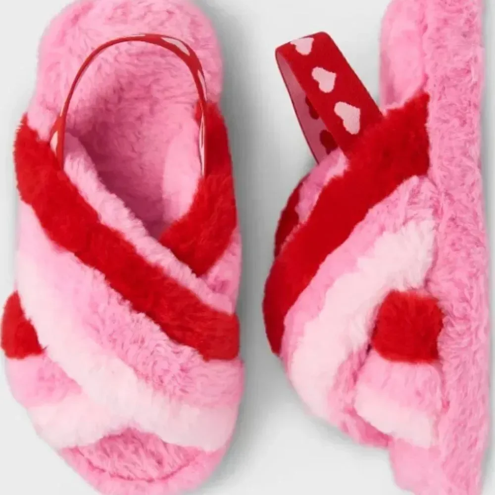 Children's Place Heart Crisscross Faux Fur Slippers